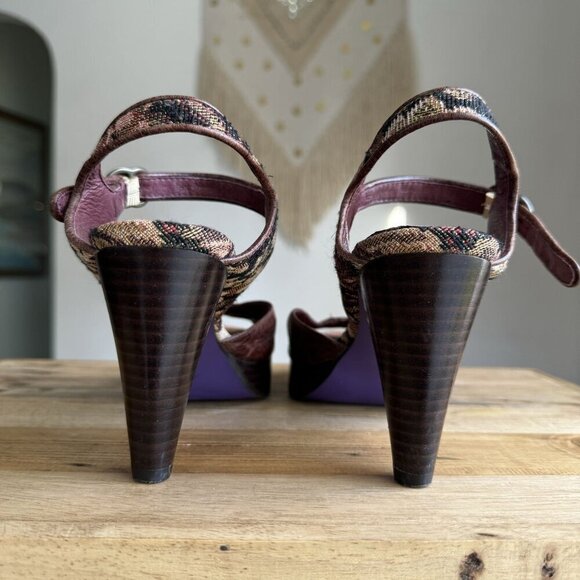 Kenzie Rachelle Burgundy Brocade Brown Platform Ankle Strap Peep Toe Sandal - Picture 11 of 17